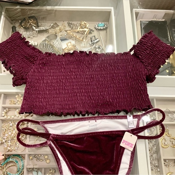 VS PINK Maroon Dark Red Smocked Crop Top Velvet String Mini Bikini Swimsuit - Picture 5 of 12